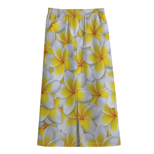 Frangipani Flower Print Cotton Front Slit Maxi Skirt