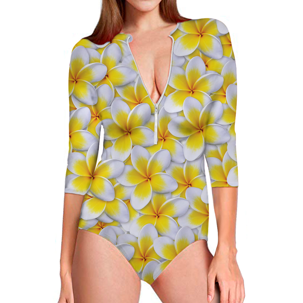 Frangipani Flower Print Long Sleeve Swimsuit