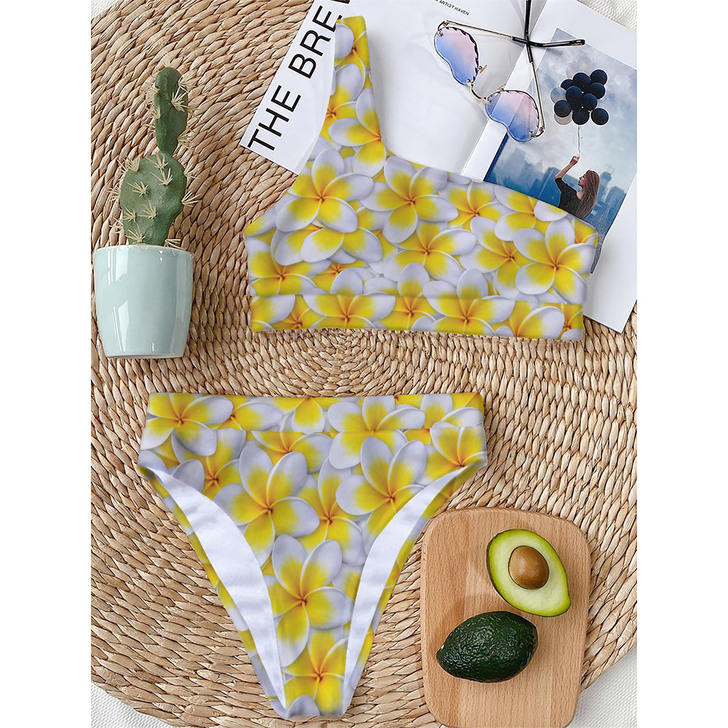 Frangipani Flower Print One Shoulder Bikini Top