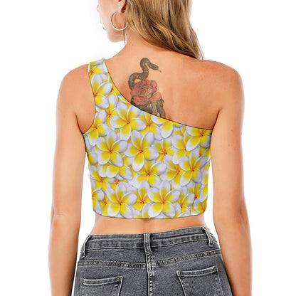 Frangipani Flower Print One Shoulder Crop Top