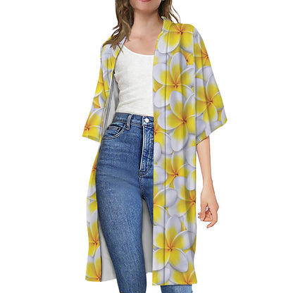 Frangipani Flower Print Open Front Beach Cover Up