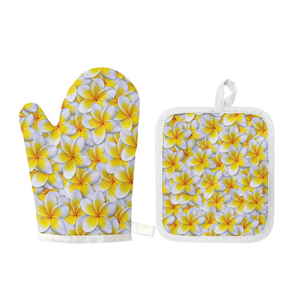 Frangipani Flower Print Oven Mitt And Pot Holder Set