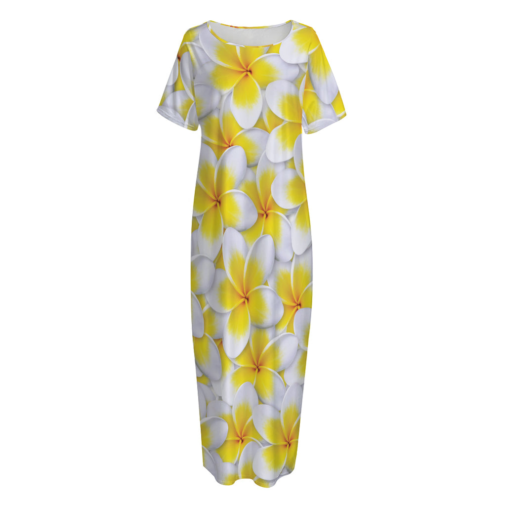 Frangipani Flower Print Short Sleeve Long Nightdress