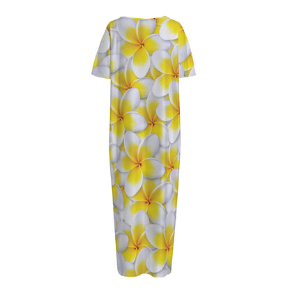 Frangipani Flower Print Short Sleeve Long Nightdress