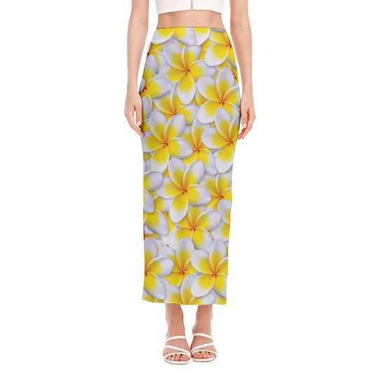 Frangipani Flower Print Side Slit Maxi Skirt