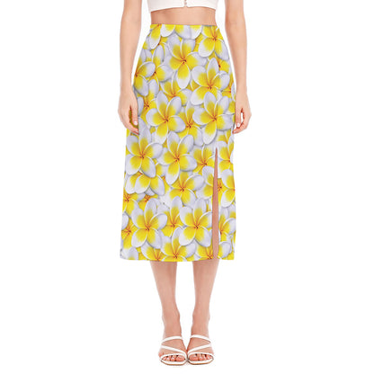 Frangipani Flower Print Side Slit Midi Skirt