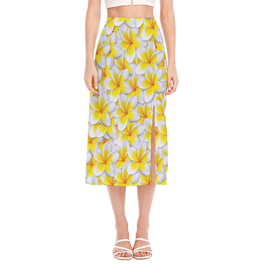Frangipani Flower Print Side Slit Midi Skirt