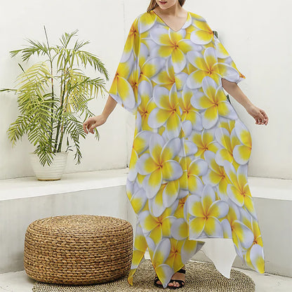 Frangipani Flower Print Silk V-Neck Kaftan Dress