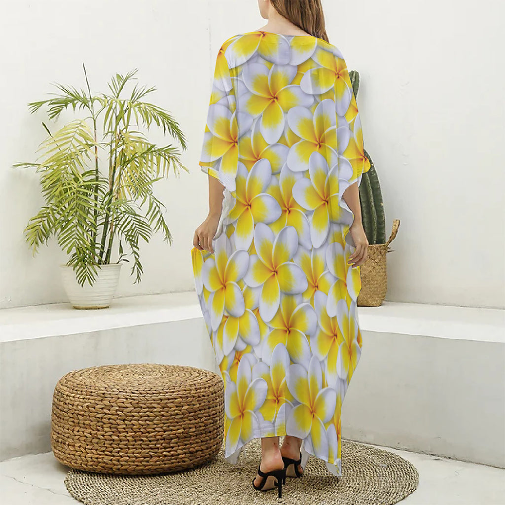 Frangipani Flower Print Silk V-Neck Kaftan Dress