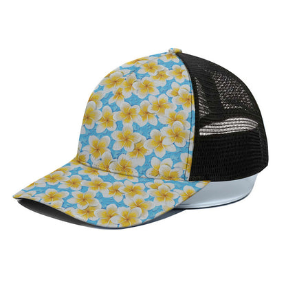Frangipani On The Water Pattern Print Black Mesh Trucker Cap