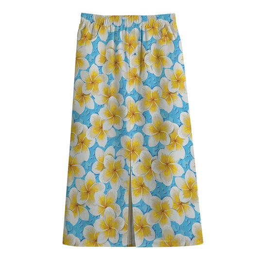 Frangipani On The Water Pattern Print Cotton Front Slit Maxi Skirt