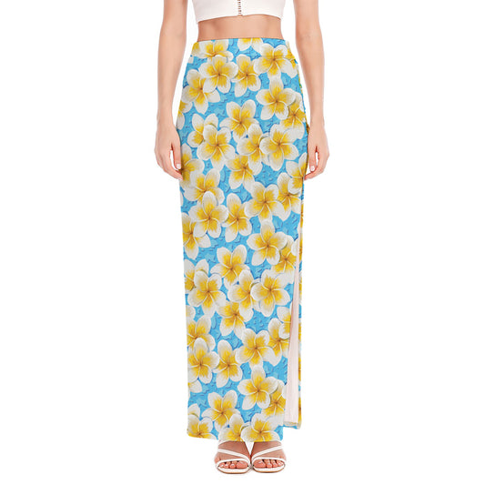 Frangipani On The Water Pattern Print High Slit Maxi Skirt