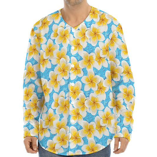 Frangipani On The Water Pattern Print Long Sleeve Baseball Jersey
