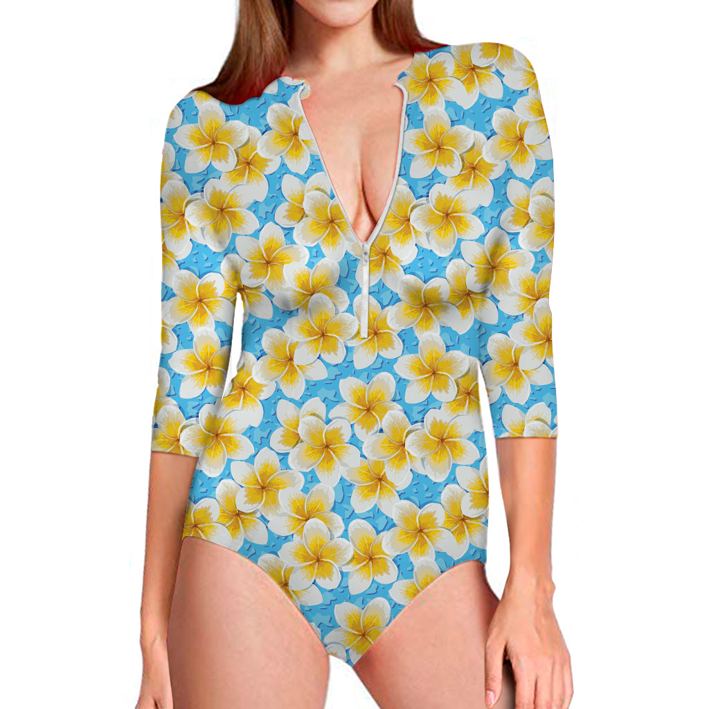 Frangipani On The Water Pattern Print Long Sleeve Swimsuit