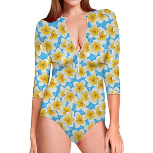 Frangipani On The Water Pattern Print Long Sleeve Swimsuit