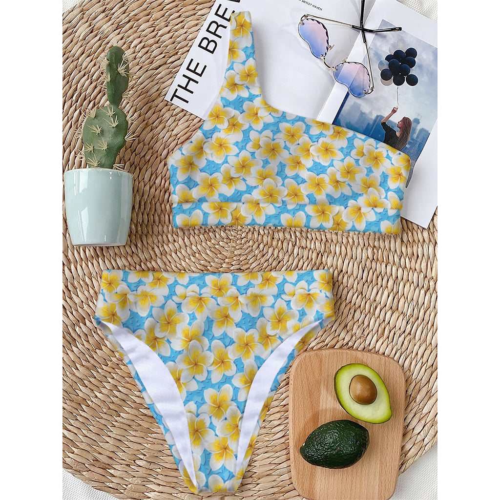 Frangipani On The Water Pattern Print One Shoulder Bikini Top
