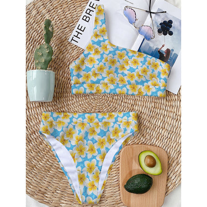 Frangipani On The Water Pattern Print One Shoulder Bikini Top