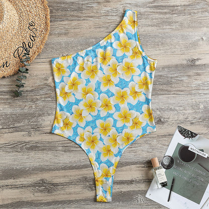 Frangipani On The Water Pattern Print One Shoulder Bodysuit