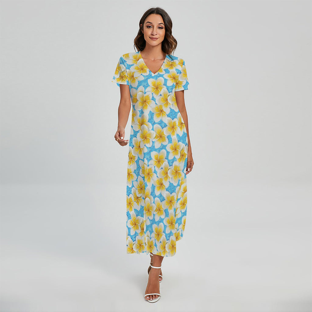 Frangipani On The Water Pattern Print Short Sleeve Maxi Dress