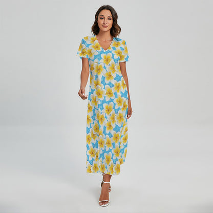 Frangipani On The Water Pattern Print Short Sleeve Maxi Dress