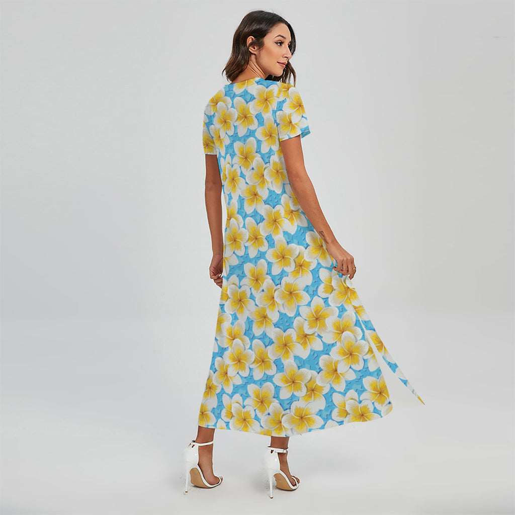 Frangipani On The Water Pattern Print Short Sleeve Maxi Dress