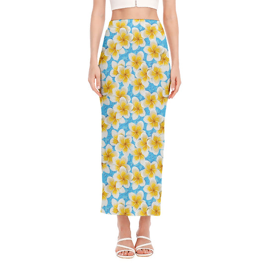 Frangipani On The Water Pattern Print Side Slit Maxi Skirt