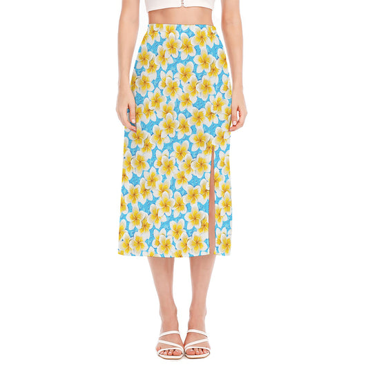 Frangipani On The Water Pattern Print Side Slit Midi Skirt