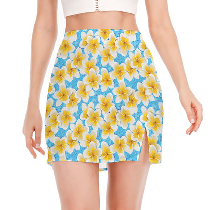 Frangipani On The Water Pattern Print Side Slit Mini Skirt