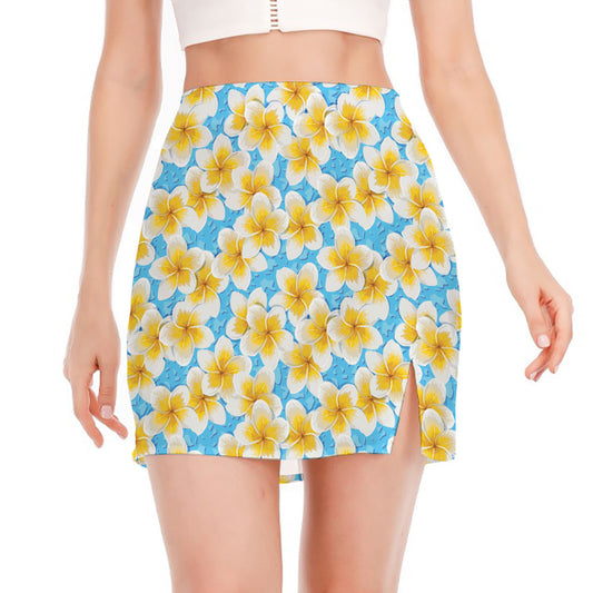 Frangipani On The Water Pattern Print Side Slit Mini Skirt