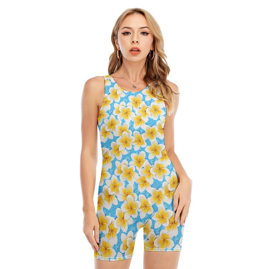 Frangipani On The Water Pattern Print Sleeveless One Piece Swimsuit