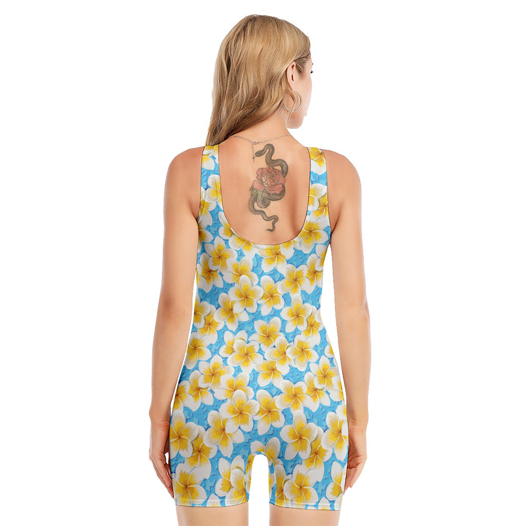 Frangipani On The Water Pattern Print Sleeveless One Piece Swimsuit