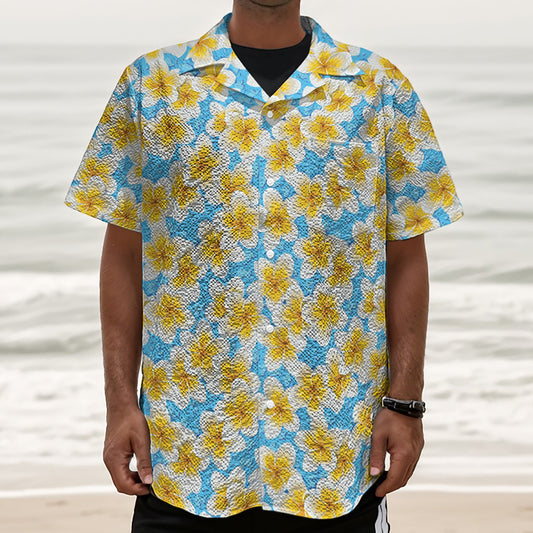 Frangipani On The Water Pattern Print Textured Short Sleeve Shirt