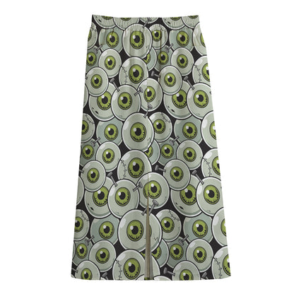 Frankenstein Eyeball Pattern Print Cotton Front Slit Maxi Skirt