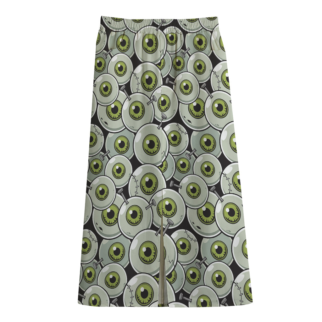 Frankenstein Eyeball Pattern Print Cotton Front Slit Maxi Skirt