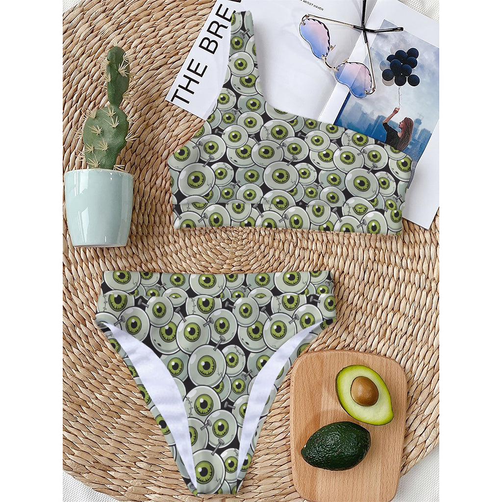 Frankenstein Eyeball Pattern Print One Shoulder Bikini Top