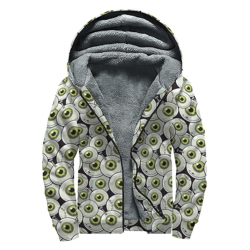 Frankenstein Eyeball Pattern Print Sherpa Lined Zip Up Hoodie