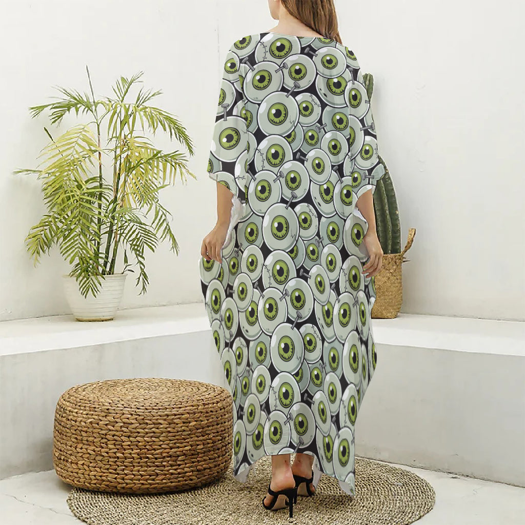 Frankenstein Eyeball Pattern Print Silk V-Neck Kaftan Dress