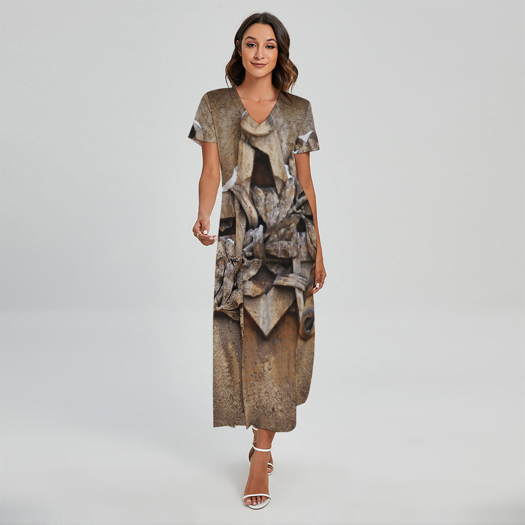 Freemasonry Emblem Print Short Sleeve Maxi Dress