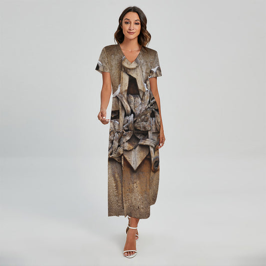 Freemasonry Emblem Print Short Sleeve Maxi Dress