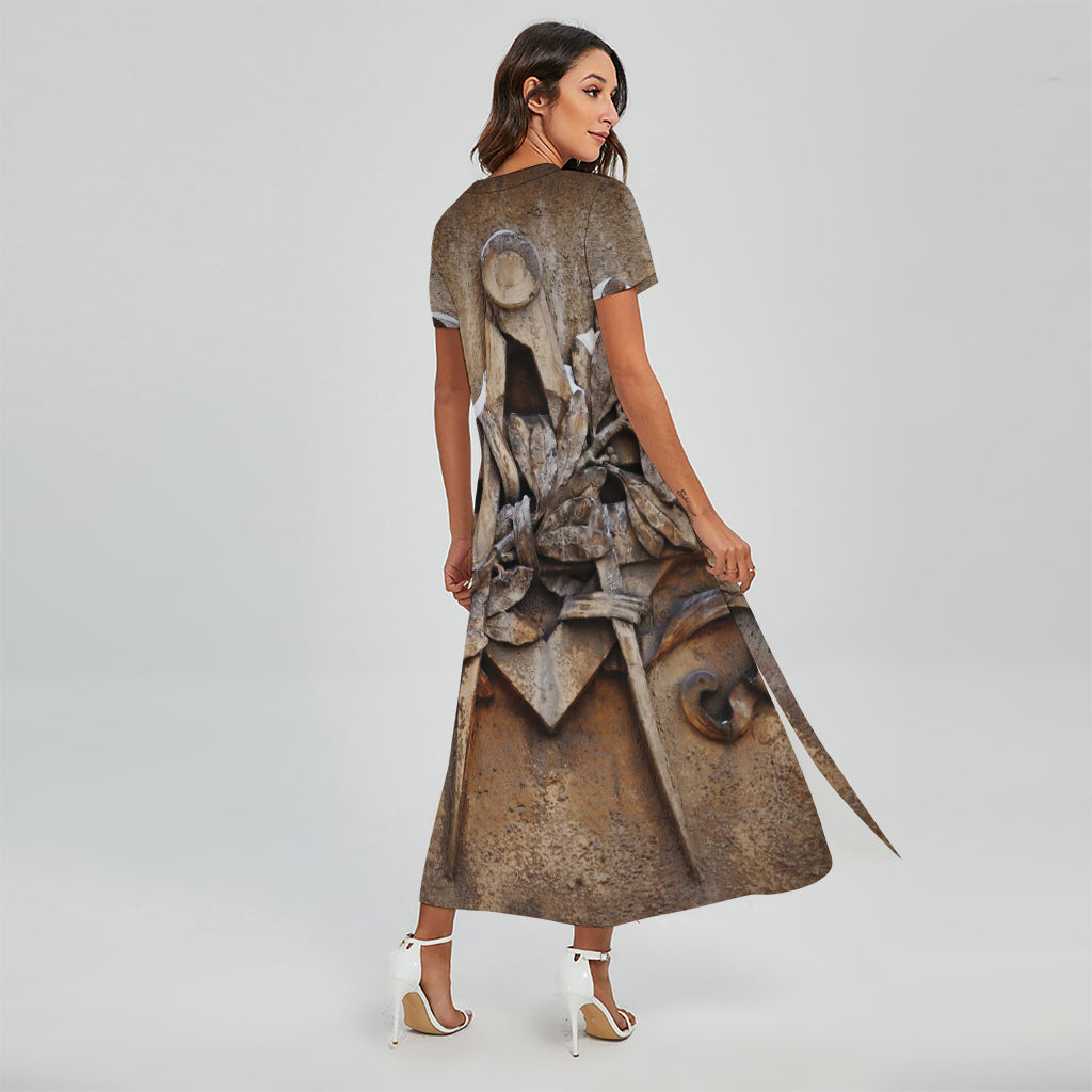 Freemasonry Emblem Print Short Sleeve Maxi Dress