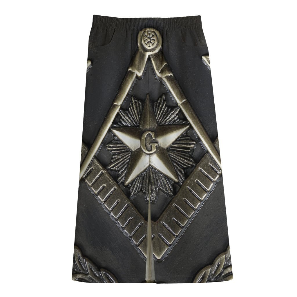 Freemasonry Medal Print Cotton Front Slit Maxi Skirt