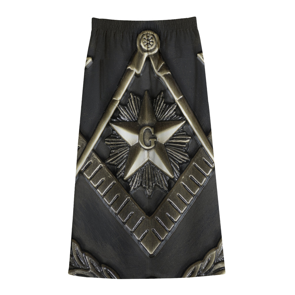 Freemasonry Medal Print Cotton Front Slit Maxi Skirt