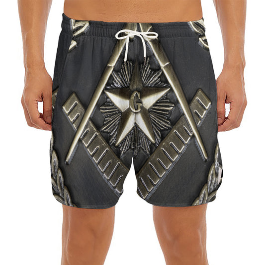 Freemasonry Medal Print Men's Split Running Shorts