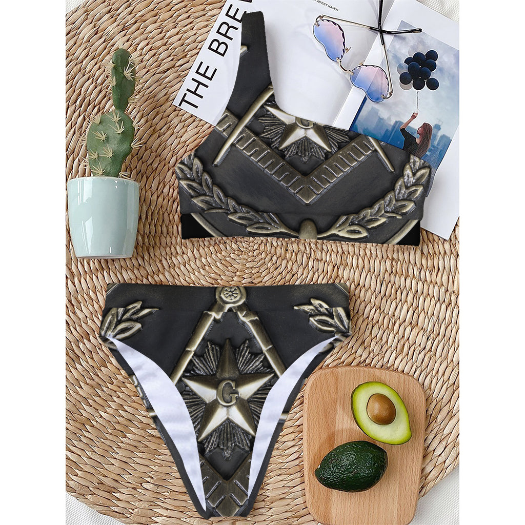Freemasonry Medal Print One Shoulder Bikini Top