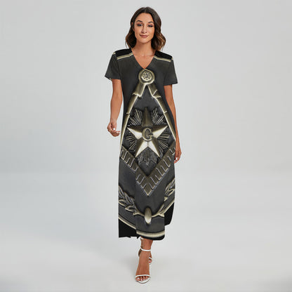 Freemasonry Medal Print Short Sleeve Maxi Dress