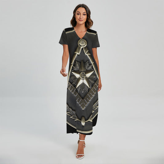 Freemasonry Medal Print Short Sleeve Maxi Dress