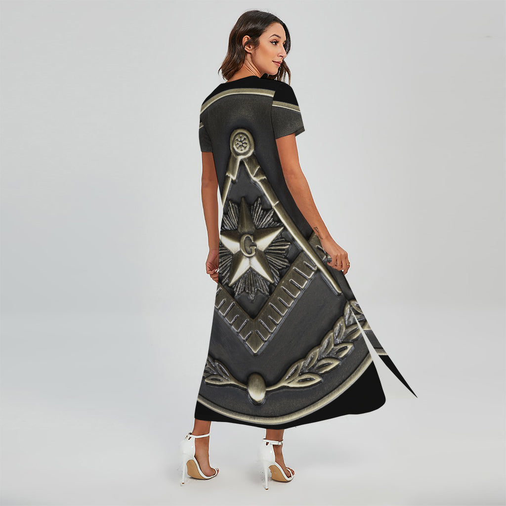 Freemasonry Medal Print Short Sleeve Maxi Dress