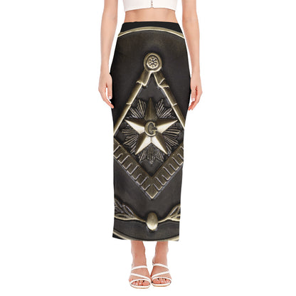 Freemasonry Medal Print Side Slit Maxi Skirt