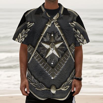 Freemasonry Medal Print Textured Short Sleeve Shirt