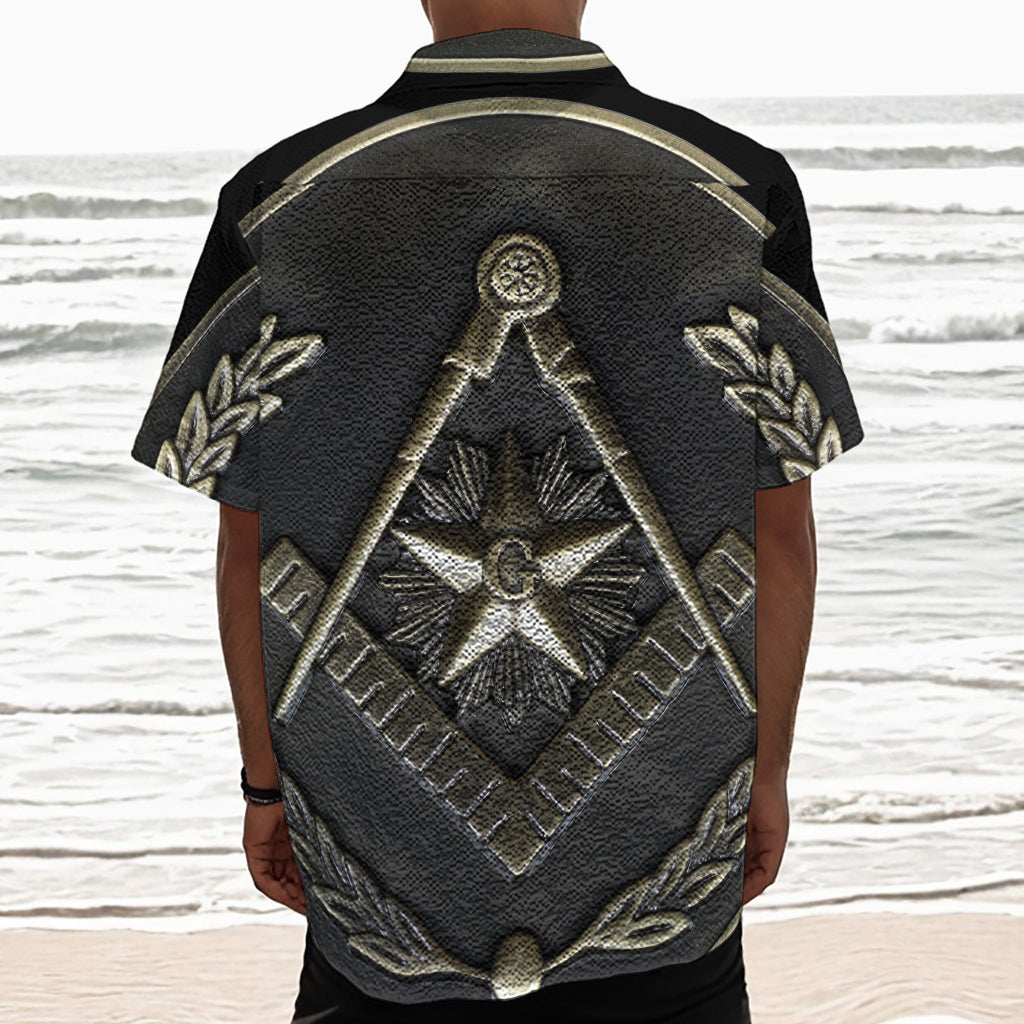 Freemasonry Medal Print Textured Short Sleeve Shirt